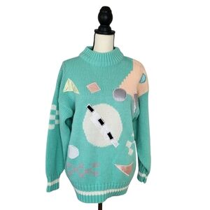American Line By Stefano Vintage Sweater Aqua Geometric High Neck Kawaii Sz 20W